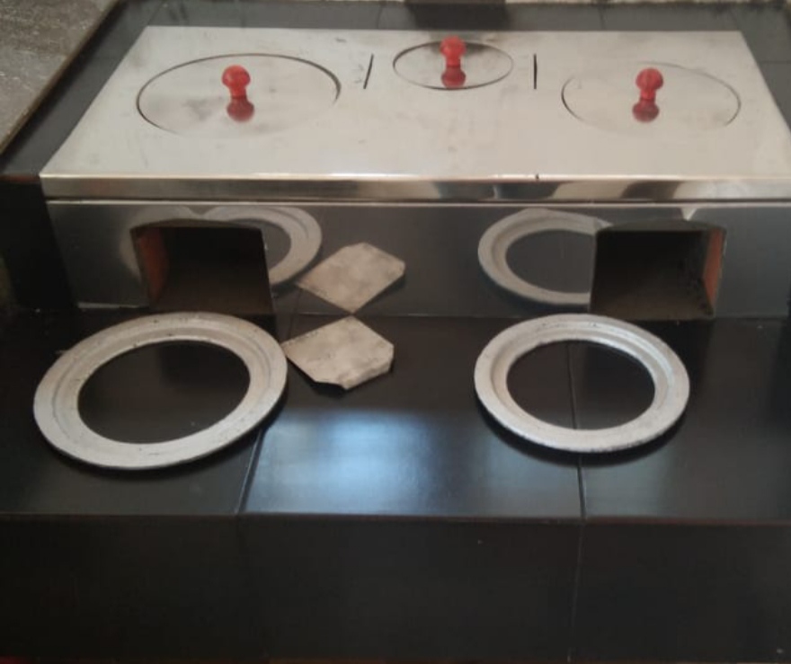 Advanced smokeless domestic 2 + 1 Fixed chulha (Stove ) with 202 grade Stainless Steel Sheet Fixed on Cast Iron oven Plates